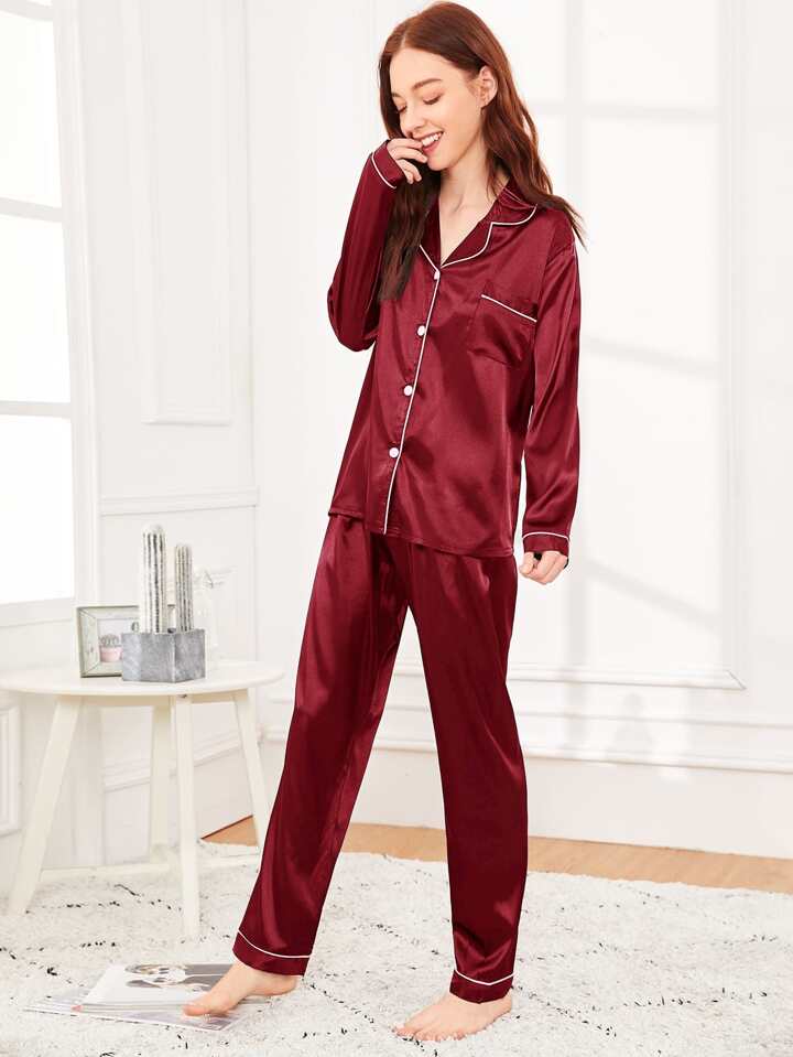100% Pure Silk Pajama Set | Contrast Piping