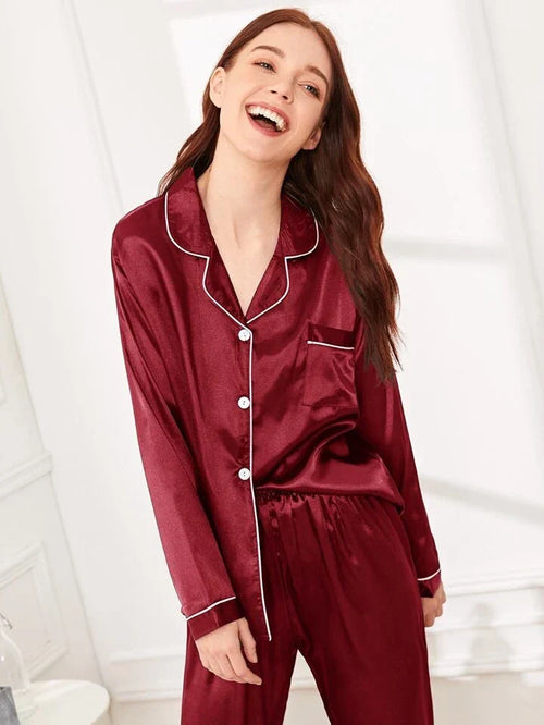 100% Pure Silk Pajama Set | Contrast Piping