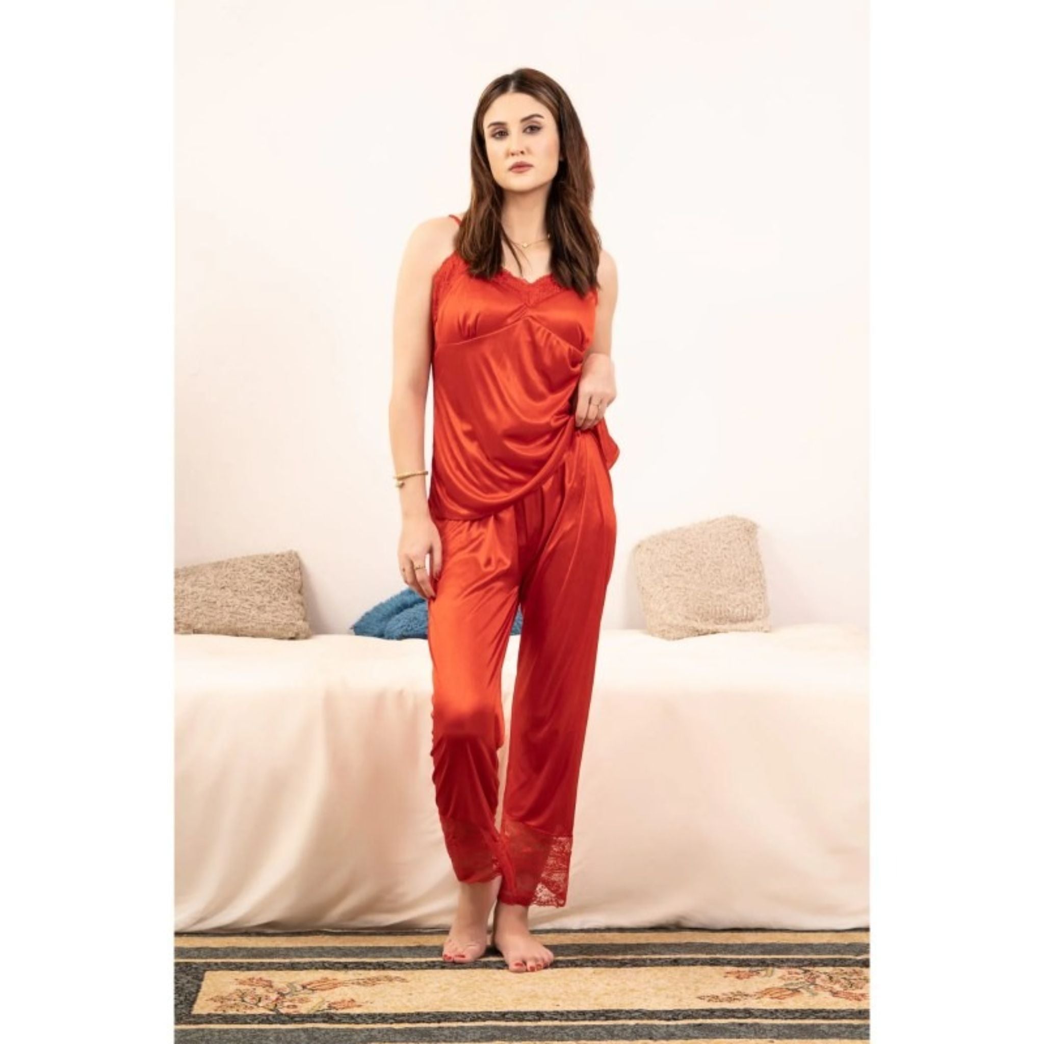Best Selling Satin Jersey Silk Guipure Detail Nighty Set Red